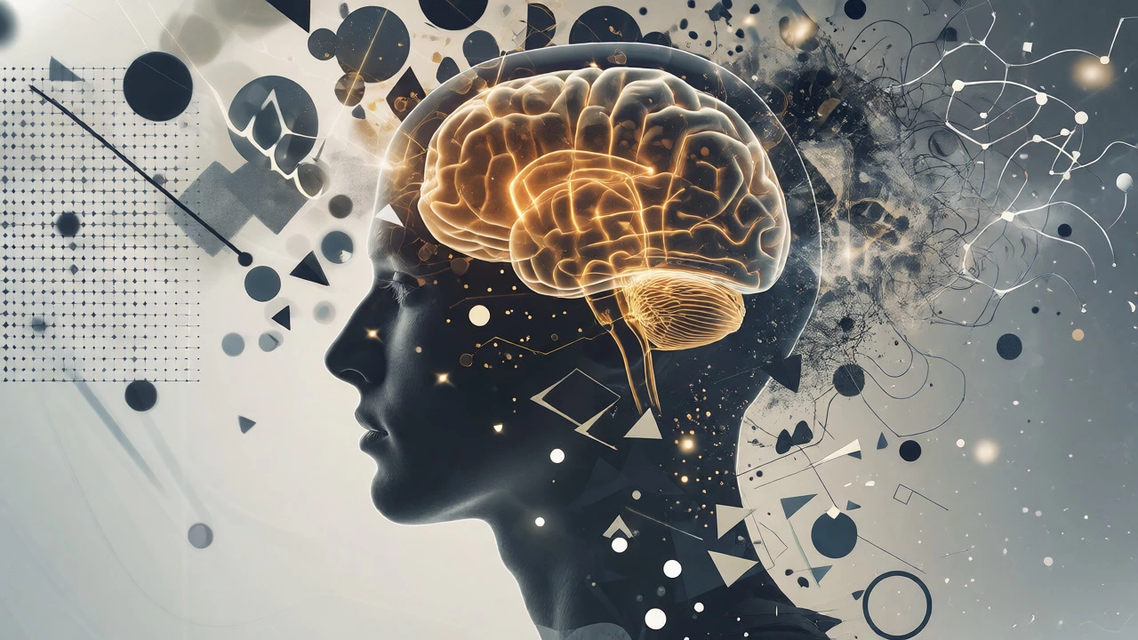 Double exposure of a human head with glowing brain and abstract geometric shapes.