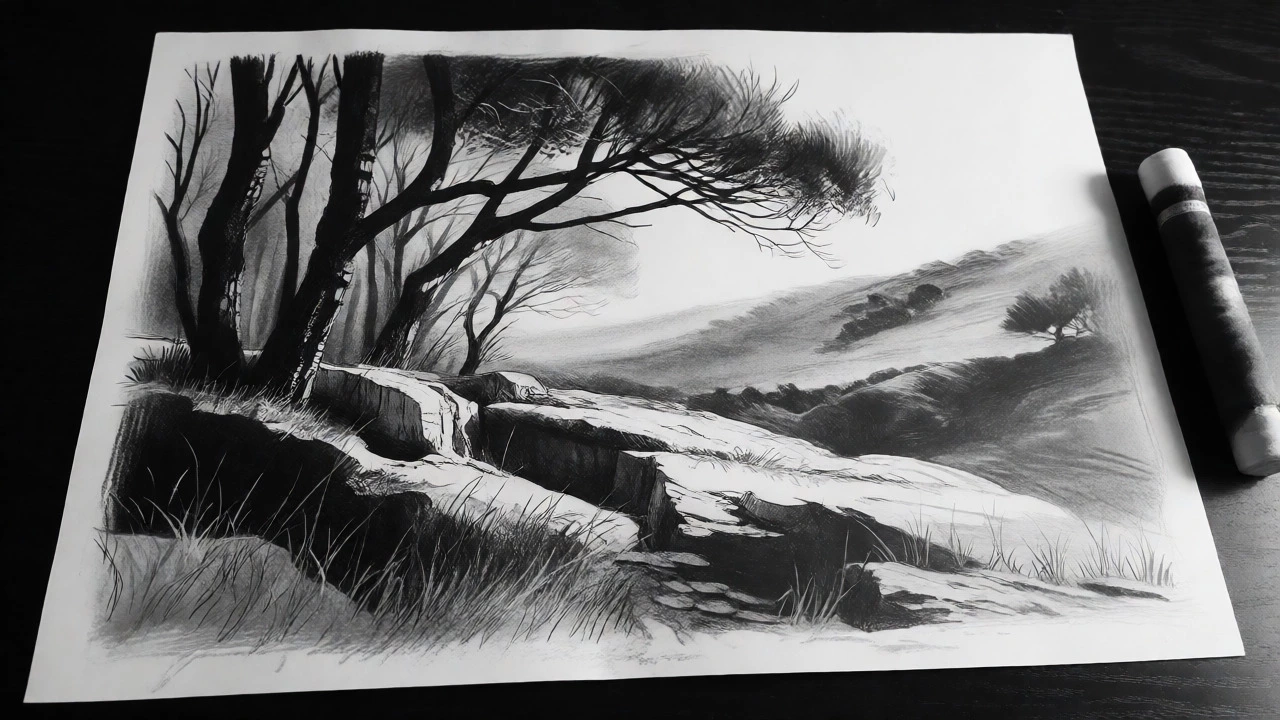 Finished graphite landscape drawing with high contrast and atmospheric depth.