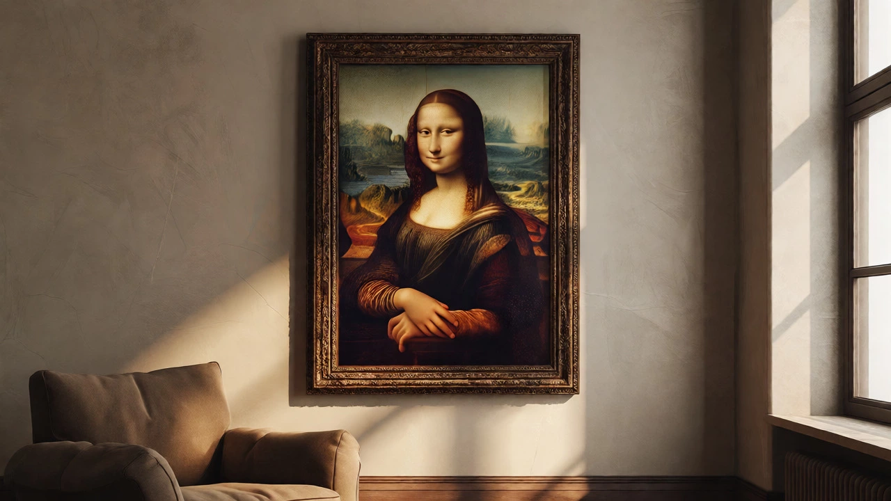 Framed high-quality Mona Lisa art print displayed in a cozy living room