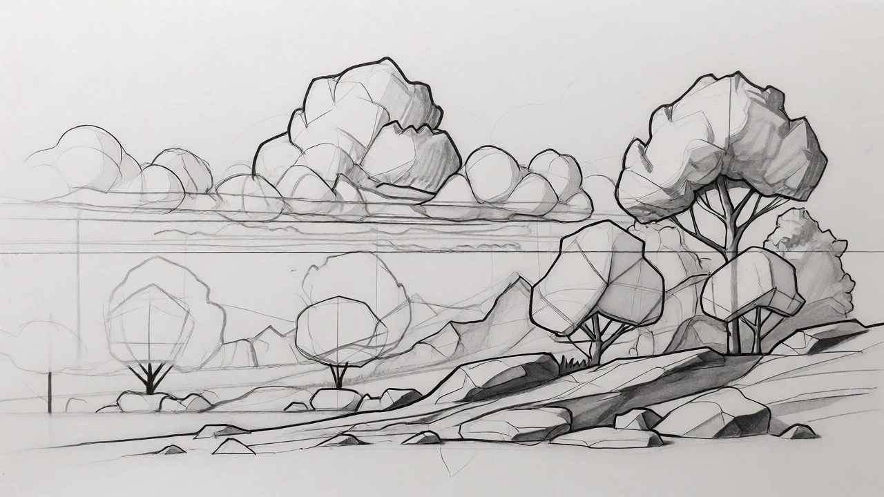 Geometric blocking of clouds, trees, and rocks for a landscape drawing.