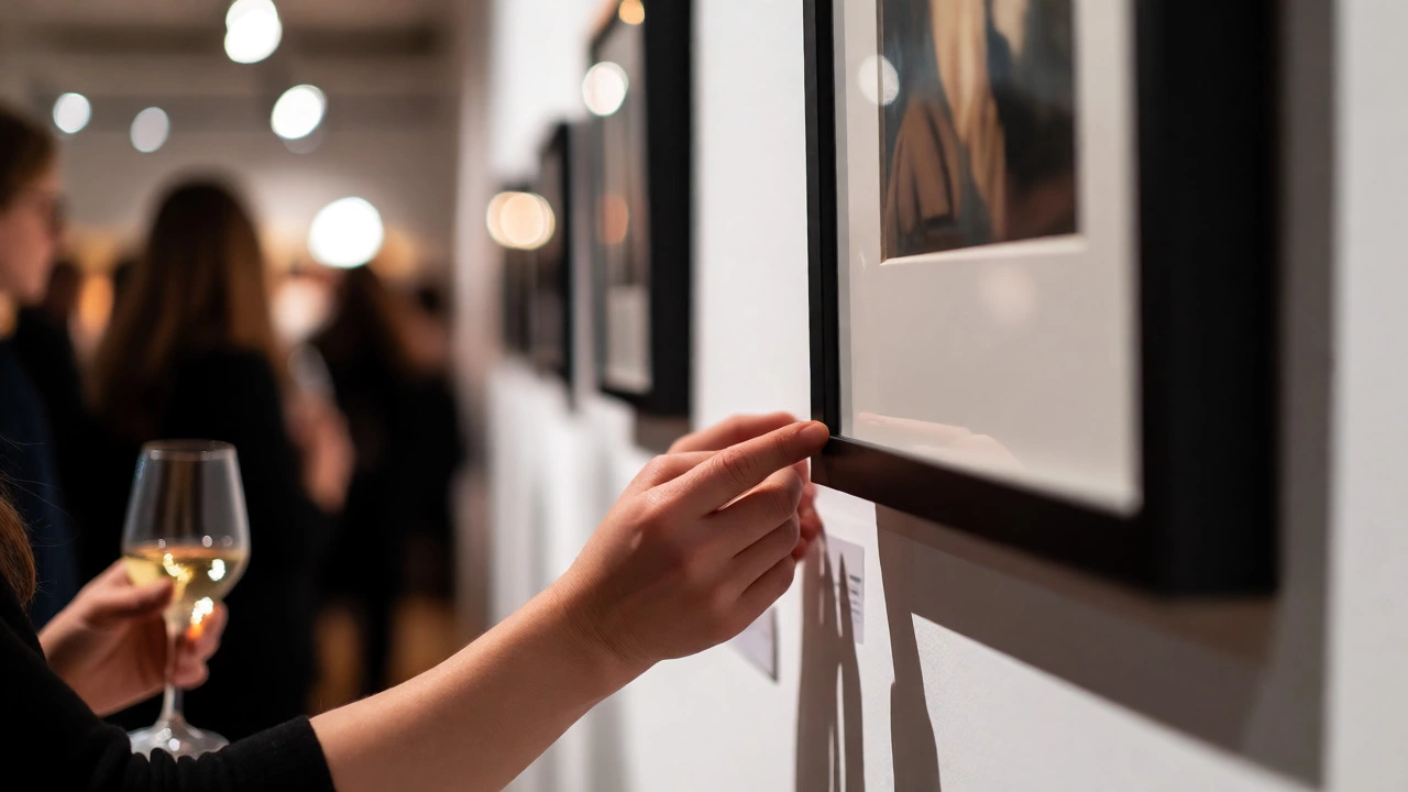 Hands adjusting an artwork label during a crowded gallery opening night reception.