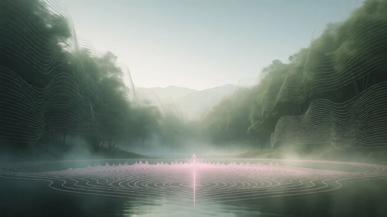 Misty forest pond with ripples resembling sound waves blending nature and audio concepts