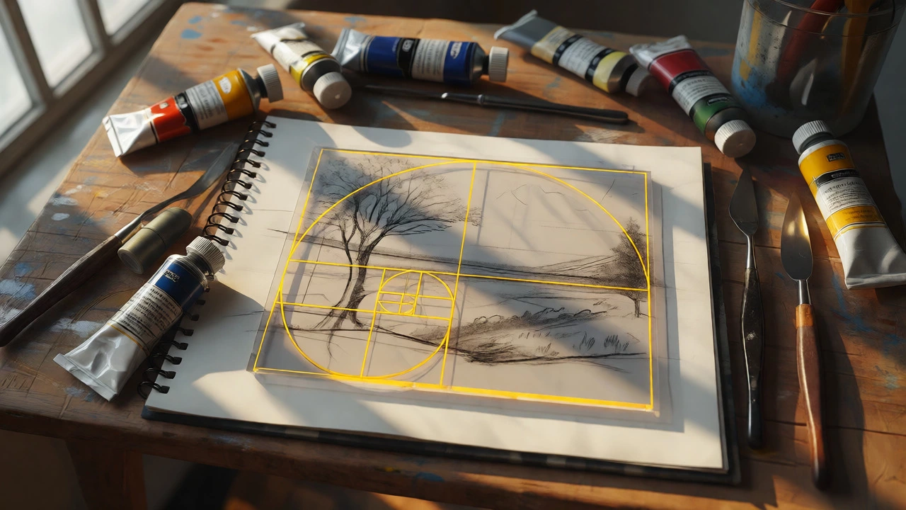 Overhead view of art supplies with a Golden Spiral guide over a landscape sketch.
