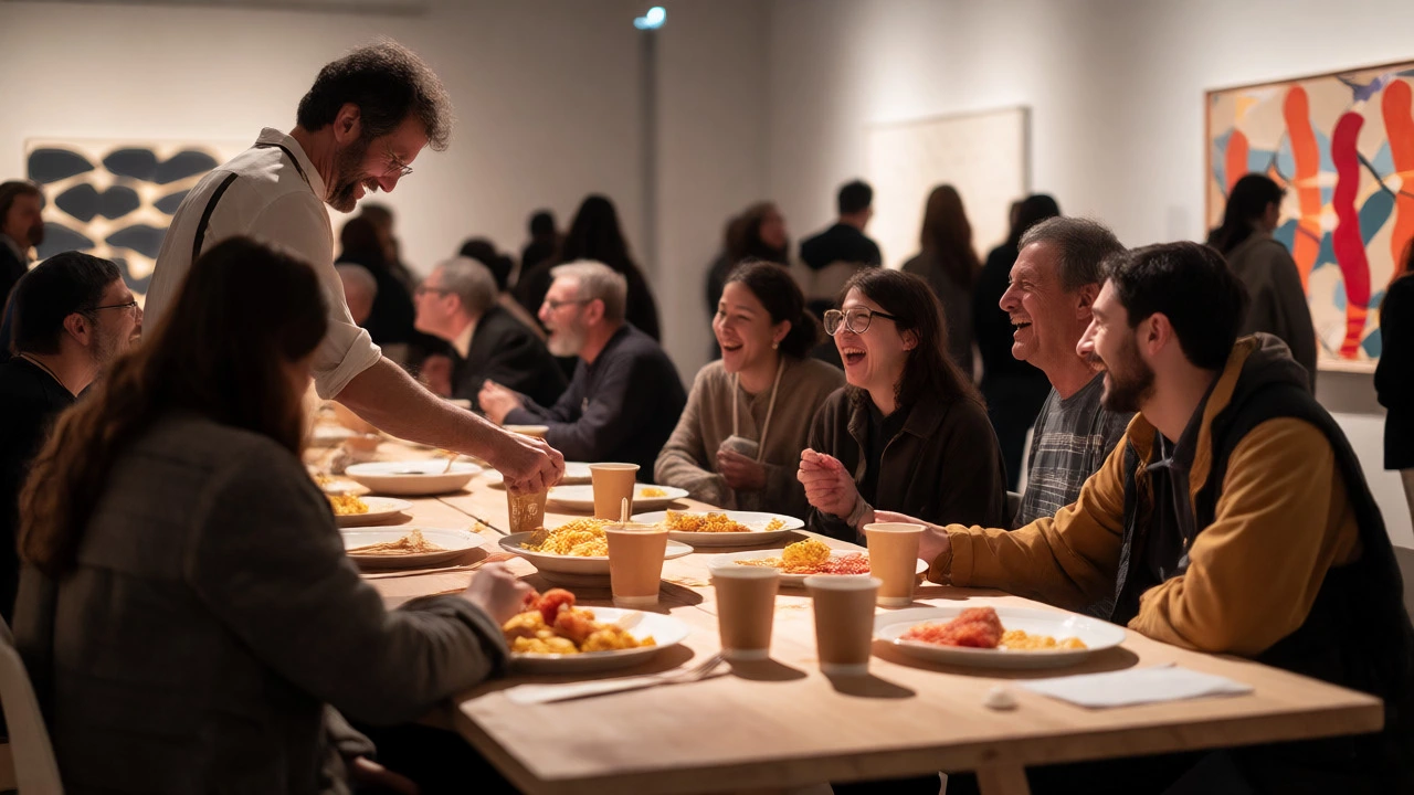 People sharing a meal at a communal table in a gallery setting