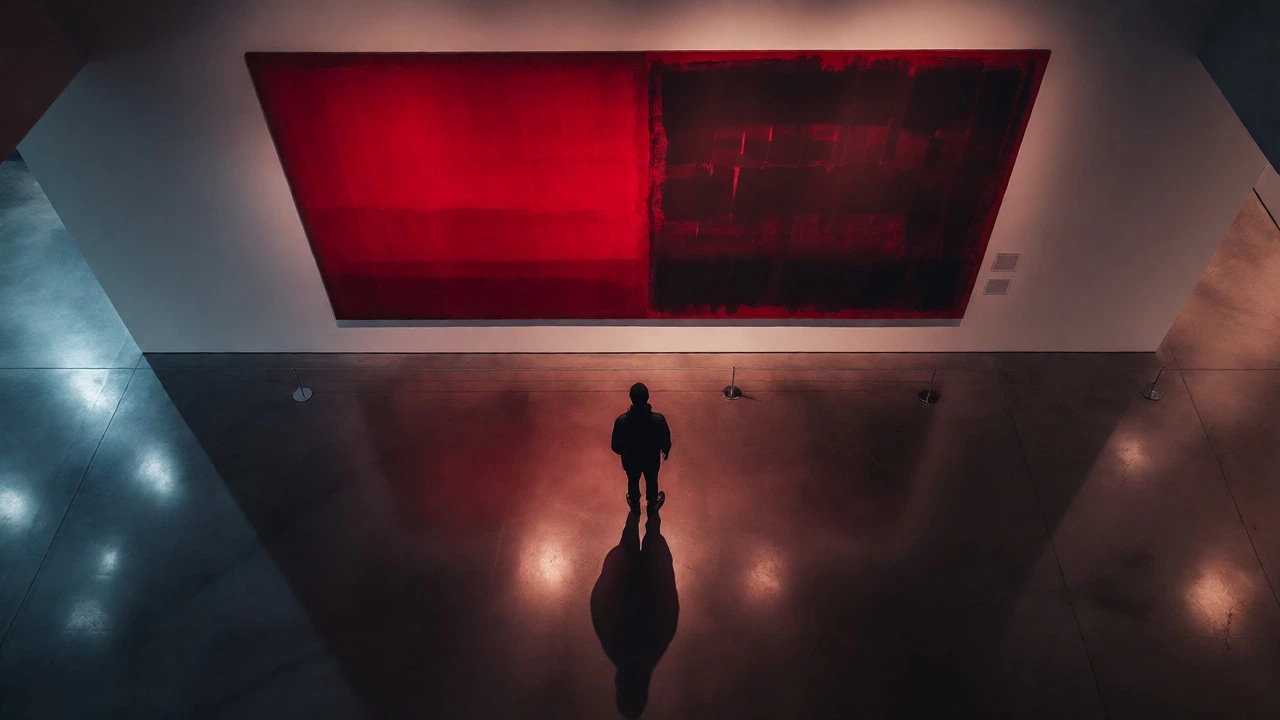 Solitary figure standing before a large red abstract painting in a dimly lit gallery.