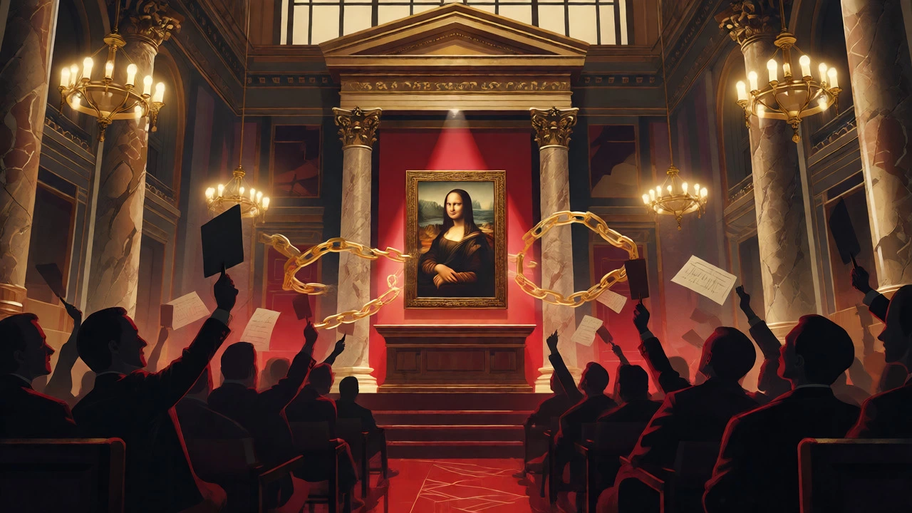 Surreal conceptual image of Mona Lisa at an auction bound by golden chains