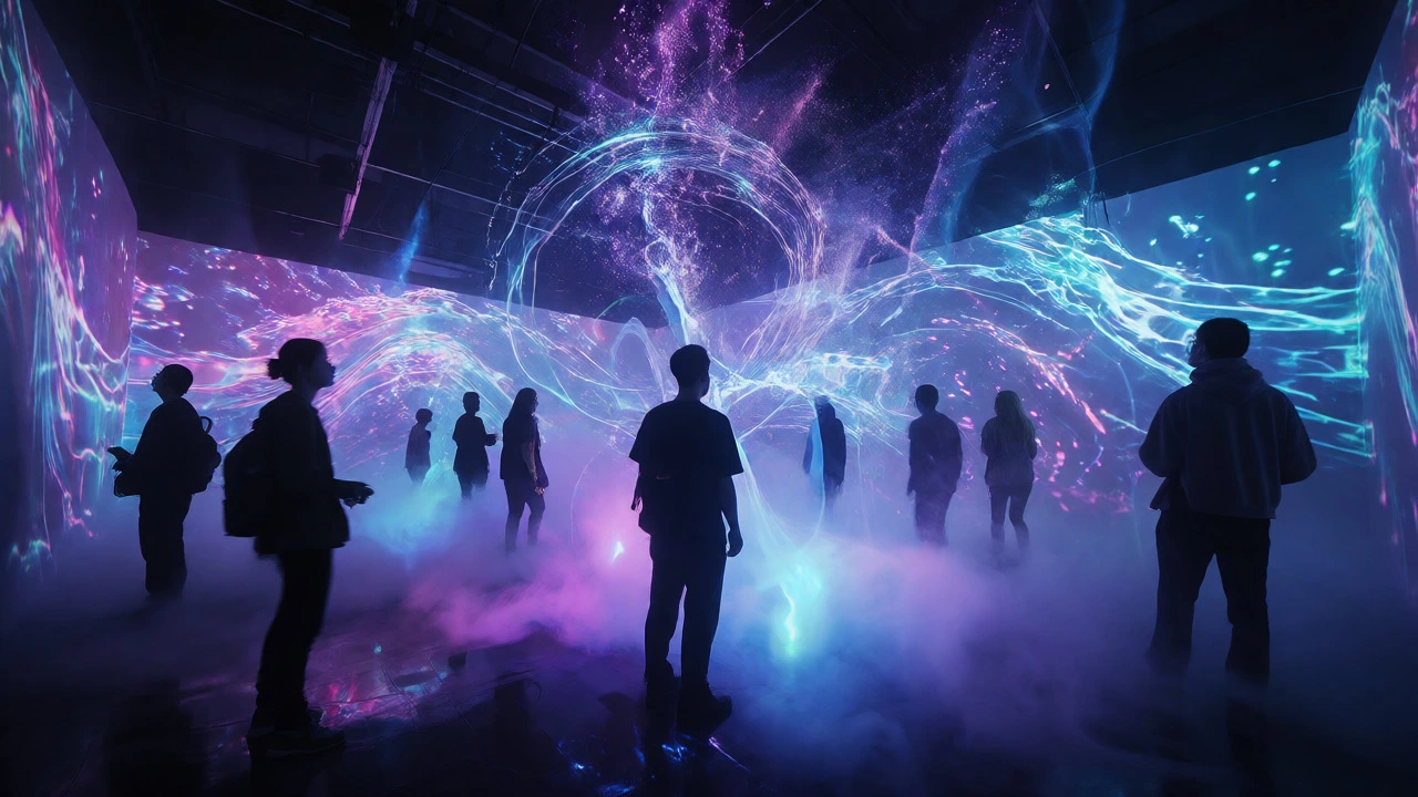 Visitors interacting with immersive light and projection installation